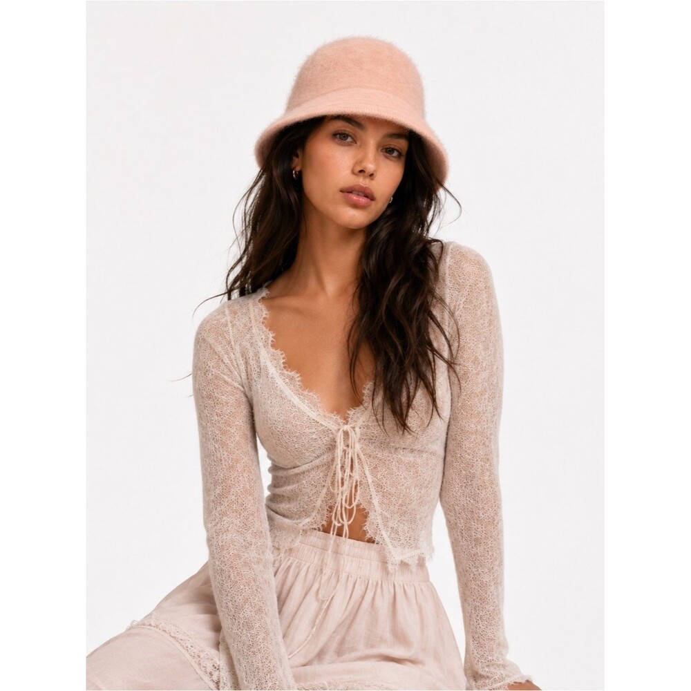 David & Young Angora Fuzzy Bucket Hat Blush Pink Soft Knit Y2K Balletcore